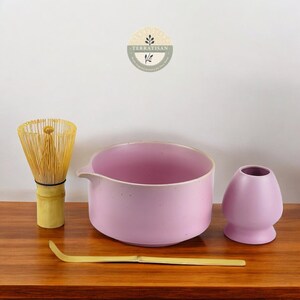 Handmade Pink Speckled Matcha Set – Ceramic Chawan Bowl & Bamboo Whisk | 4-Piece Japanese Tea Ceremony Kit | Authentic Matcha Kit and Gift