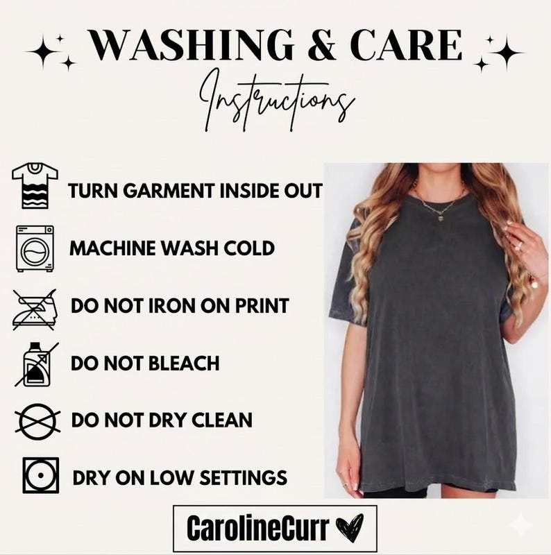 May include: A graphic displaying washing and care instructions with icons and text: turn garment inside out, machine wash cold, do not iron on print, do not bleach, do not dry clean, and dry on low settings. A charcoal gray t-shirt is shown.