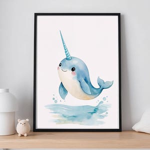 Póster de Narval para habitación infantil | Decoración de habitación de bebé boho | Impresión de arte digital A2 A3 A4 | Ilustración de animales del océano | Regalos para niñas y niños