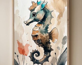 Seahorse Watercolor Poster | Ocean Animal Art | Nursery Decor | Digital Download | Nautical Wall Art | Maritime Gift