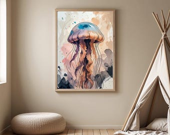 Aquarell Qualle Poster | Kinderzimmer Wandgestaltung | Montessori Wandkunst | Ozean Tierbild | Digitaler Download