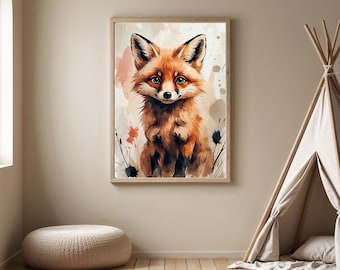 Poster volpe per la cameretta dei bambini | Arte degli animali della foresta ad acquerello | Download digitale | Decorazione scandinava | Illustrazione della natura | Immagine di animali boho
