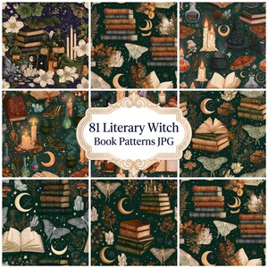 May include: A digital collection of 81 Literary Witch Book Patterns in JPG format, featuring dark green backgrounds with illustrations of stacked antique books, moths, crescent moons, crystals, candles, and open books with botanical elements.