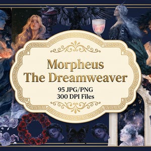 May include: A digital art collection titled Morpheus The Dreamweaver featuring 95 JPG and PNG 300 DPI files. The imagery displays ethereal figures, dark blue and purple tones, red poppies, ornate chalices, and butterflies in a fantasy style.