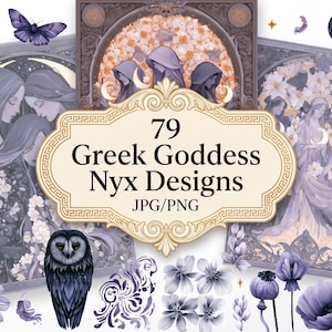 Paquete de imágenes prediseñadas celestiales de la diosa Nyx / Patrones PNG sin costuras de estilo cottagecore oscuro (JPG/PNG)