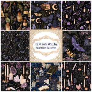 Dark Witch Digital Seamless Patterns, Dark Cottagecore Printables, Mystic Crystals and Moons Design Papers