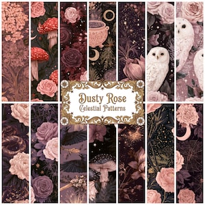 May include: A digital collection of Dusty Rose Celestial Patterns featuring vertical panels with illustrations of roses, mushrooms, owls, ravens, snakes, spiders, and celestial elements like moons and stars in shades of dusty rose and dark charcoal.