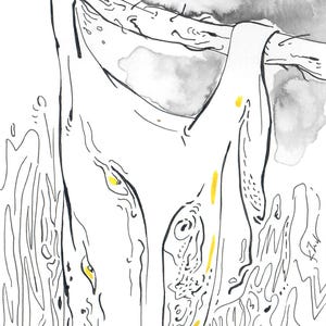 May include: An ink and watercolour illustration of a white garment suspended from a branch. The artwork uses black outlines and grey watercolour washes, with yellow accents. The style is abstract and artistic, with a focus on texture and form.