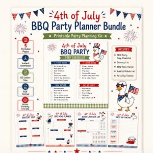 4th of July BBQ Party Planner Bundle, Checklist, Grocery List (PDF)