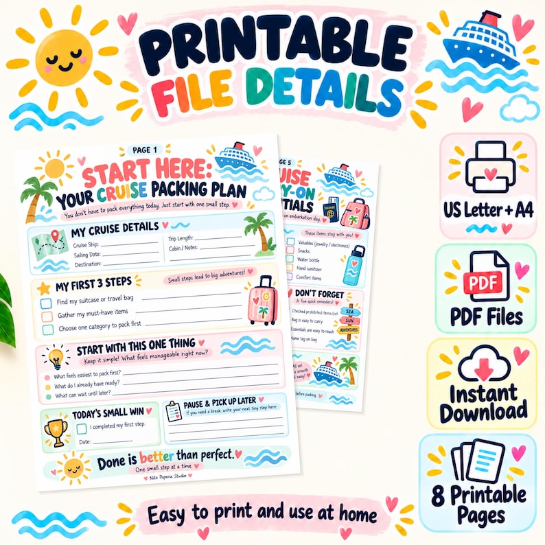Adhd-friendly Cruise Packing Checklist, 8 Printable Pages, A4 & US ...