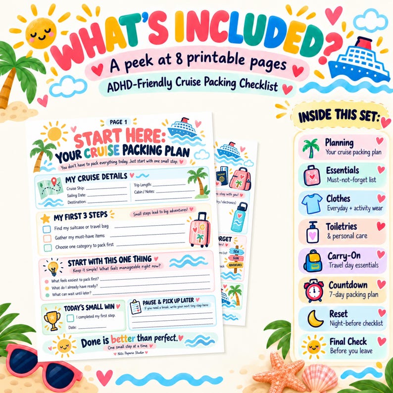 Adhd-friendly Cruise Packing Checklist, 8 Printable Pages, A4 & US ...