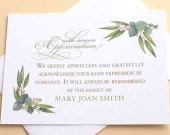 Funeral Thank You Cards with Green Eucalyptus Leaves - Custom - FLAT Cards - 4-7/8” x 3-1/2”