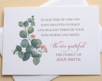 Personalized Funeral Thank You Cards With Eucalyptus and Pink Flowers - FLAT Cards - 4-7/8” x  3-1/2”