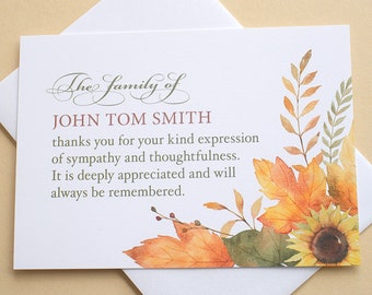 Big Sunflower With Fall Leaves Funeral Thank You Cards - Custom - FLAT Cards - 4-7/8” x 3-1/2”