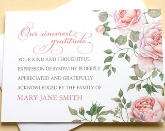 Funeral Thank You Cards with Pink English Roses - Custom - FLAT Cards - 4-7/8” x 3-1/2”