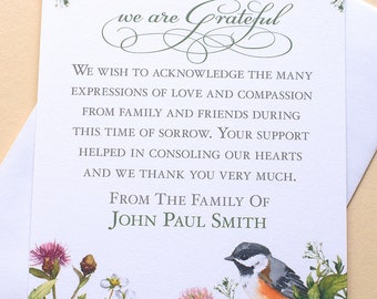 Spring Flowers With a Bird Funeral Thank You Notes - Custom - FLAT Cards - 3-1/2” x 4-7/8”