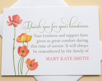 Thank You Sympathy Card  - Watercolor Poppy Flowers -  Personalized - FLAT Cards - 4-7/8” x 3-1/2”