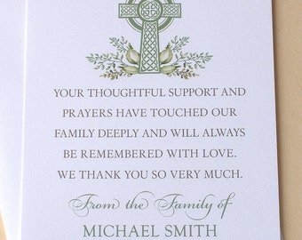 Funeral Thank You Cards With A Celtic Cross - Personalized -  FLAT Cards - 3-1/2” x 4-7/8”