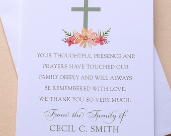 Religious - Thank You Sympathy Cards  with a Cross Surrounded by Flowers - Personalized - FLAT Cards - 3-1/2” x 4-7/8”