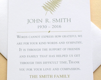 Elegant and Simple Thank You Sympathy Cards With a Green Leaf  - Personalized - FLAT Cards - 3-1/2” x 4-7/8”