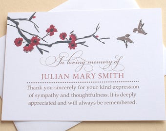 English OR Spanish Sympathy Thank You Cards with Cherry Blossoms and Two Birds - Custom - FLAT Cards - 4-7/8” x 3-1/2”