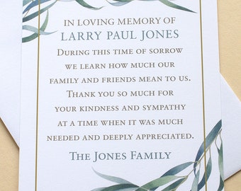 Funeral Thank You Cards with Eucalyptus Branches - Personalized - FLAT Cards - 3-1/2” x 4-7/8”