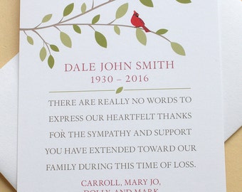 Red Cardinal Thank You Sympathy Cards - Personalized - FLAT Cards - 3-1/2” x 4-7/8”