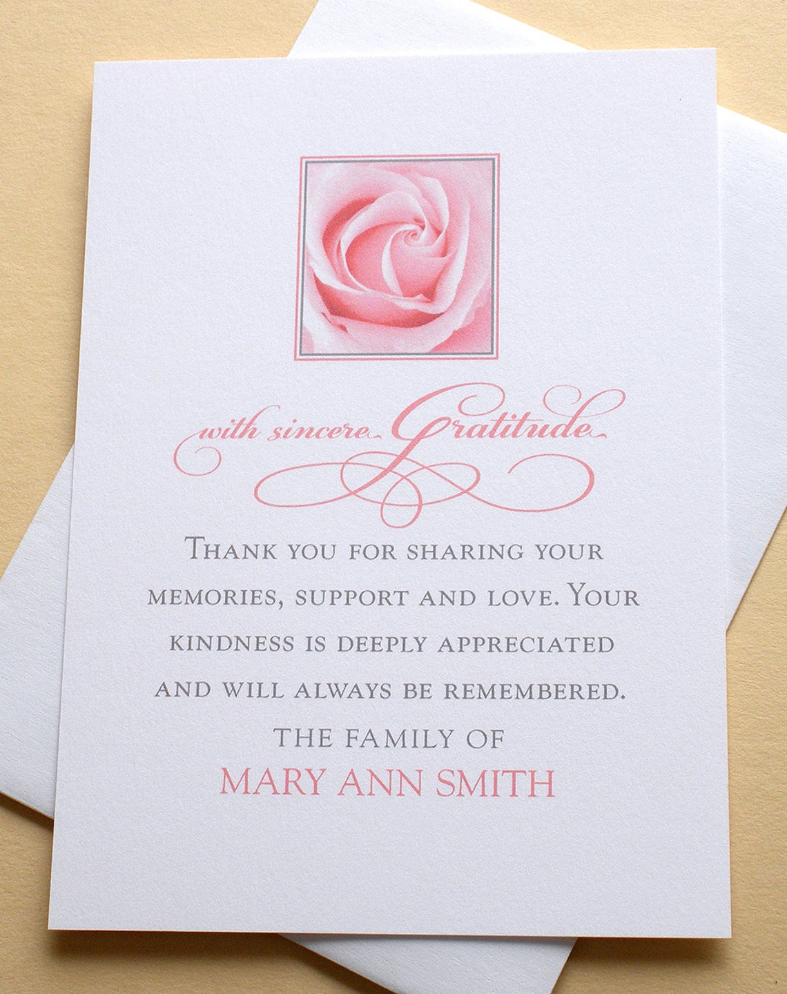 Pink Rose Thank You Sympathy Notes Personalized FLAT Cards | Etsy