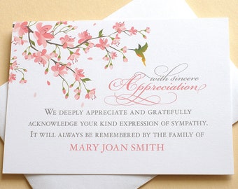 Thank You Sympathy Cards with  Peach Blossoms and a Hummingbird - Personalized - FLAT Cards - 4-7/8” x 3-1/2”