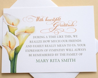 Bereavement Thank You Cards With Calla Lilies - FLAT Cards - 4-7/8” x 3-1/2”