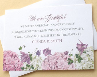 Funeral Thank You Cards With Purple and White Hydrangeas - Personalized - FLAT Cards - 4-7/8" x 3-1/2”