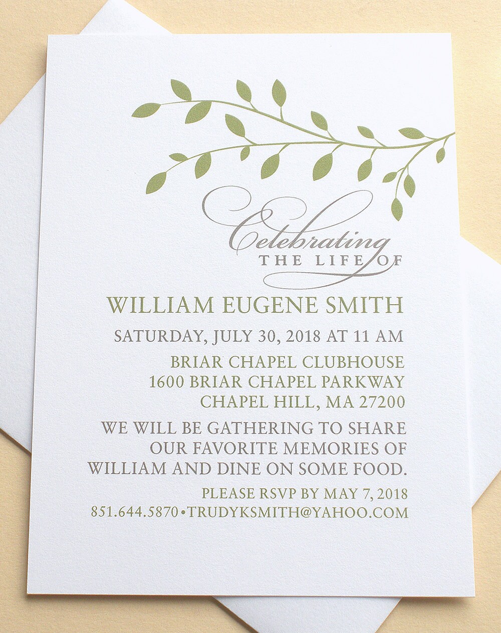 Celebration of Life Invitation with Green Leaves Etsy