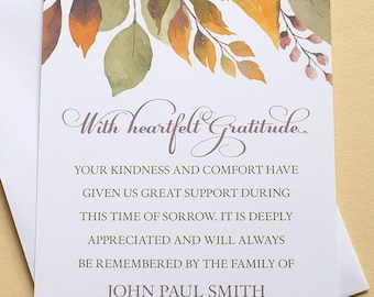 Thank You Sympathy Cards with Colorful Autumn Leaves - Personalized - FLAT Cards - 3-1/2” x 4-7/8”