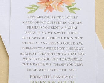 Funeral Thank You Cards With Peach Flowers - Personalized -  FLAT Cards - 3-1/2” x 4-7/8”