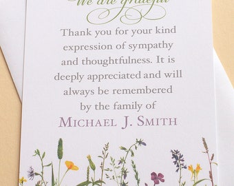 English OR Spanish Sympathy Thank You Cards with Pretty Wild Flowers - Personalized - FLAT Cards - 3-1/2” x 4-7/8”