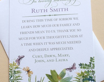 Green Leaves and Three Beautiful Butterflies Bereavement Thank You  Cards - Personalized - FLAT Cards - 3-1/2” x 4-7/8”