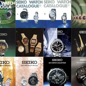 May include: A collage of Seiko watch catalogs from various years. The images showcase a variety of Seiko watches, including chronographs, digital watches, and classic analog designs. The catalogs feature the Seiko logo and the years of the watch collections.