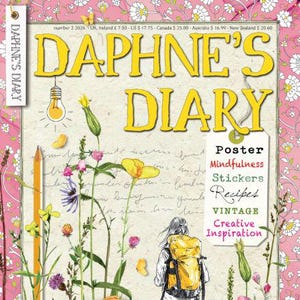 May include: A magazine cover titled "Daphne's Diary" with a floral and botanical illustration. The cover features a woman with a yellow backpack, a cake, eggs, and a bunny. The magazine includes the words "Poster", "Mindfulness", "Stickers", "Recipes", "Vintage", and "Creative Inspiration".