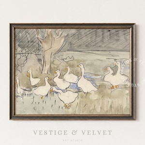 Vintage Duck Printable Art | Antique Geese Watercolor Painting | Farmhouse Nursery Wall Decor | Cottagecore Animal Art | Digital Download