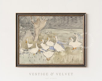 Vintage Duck Watercolor Print, Antique Farmhouse Nursery Wall Art, Cottagecore Animal Decor (Printable Digital Download)