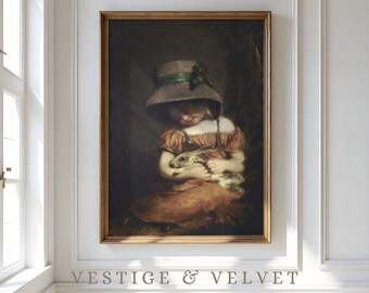 Victorian Easter Print: Girl with Rabbit, Moody Nursery Art (Digital Download)