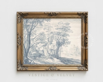 Blue Chinoiserie Toile Wall Art, Vintage French Country Decor, Light Blue Wall Art (Digital Download)