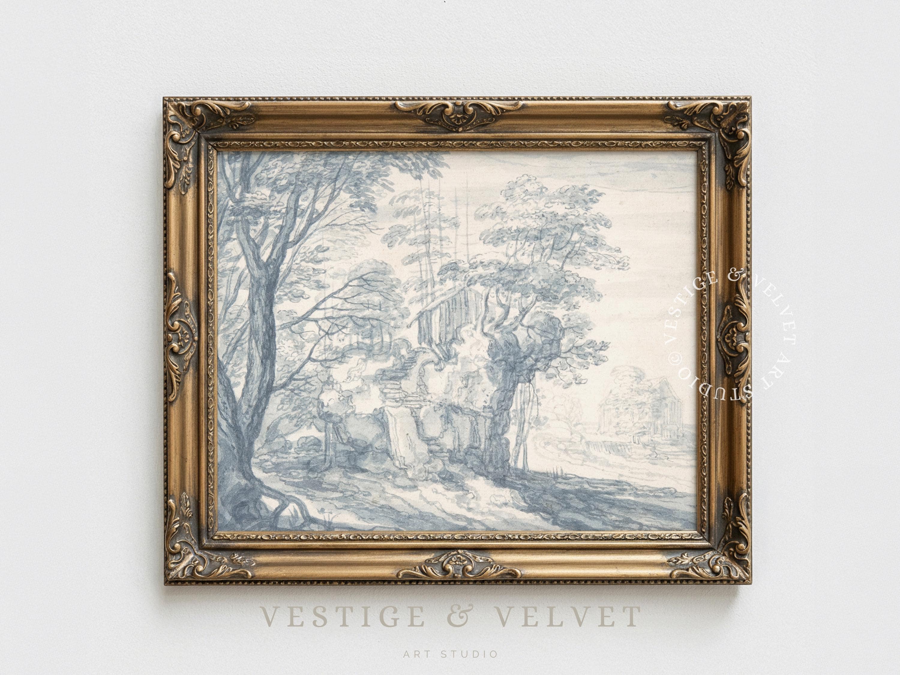 Blue Chinoiserie Toile Wall Art, Vintage French Country Decor, Light ...
