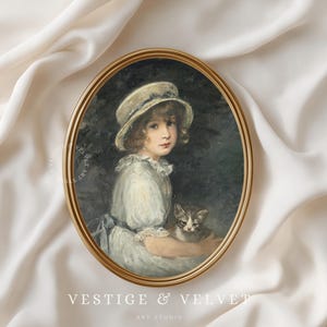 Vintage Nursery Wall Art Print | Victorian Girl Portrait with Kitten | Antique Oil Painting Printable | Farmhouse Cottagecore Bedroom Decor