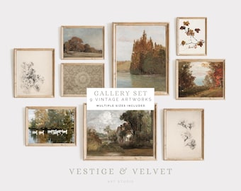 Lot de 9 murs de galerie d'automne : paysage d'automne vintage | Lot d'oeuvres d'art murales imprimables Cottagecore rustique | Automne douillet (téléchargement numérique imprimable)
