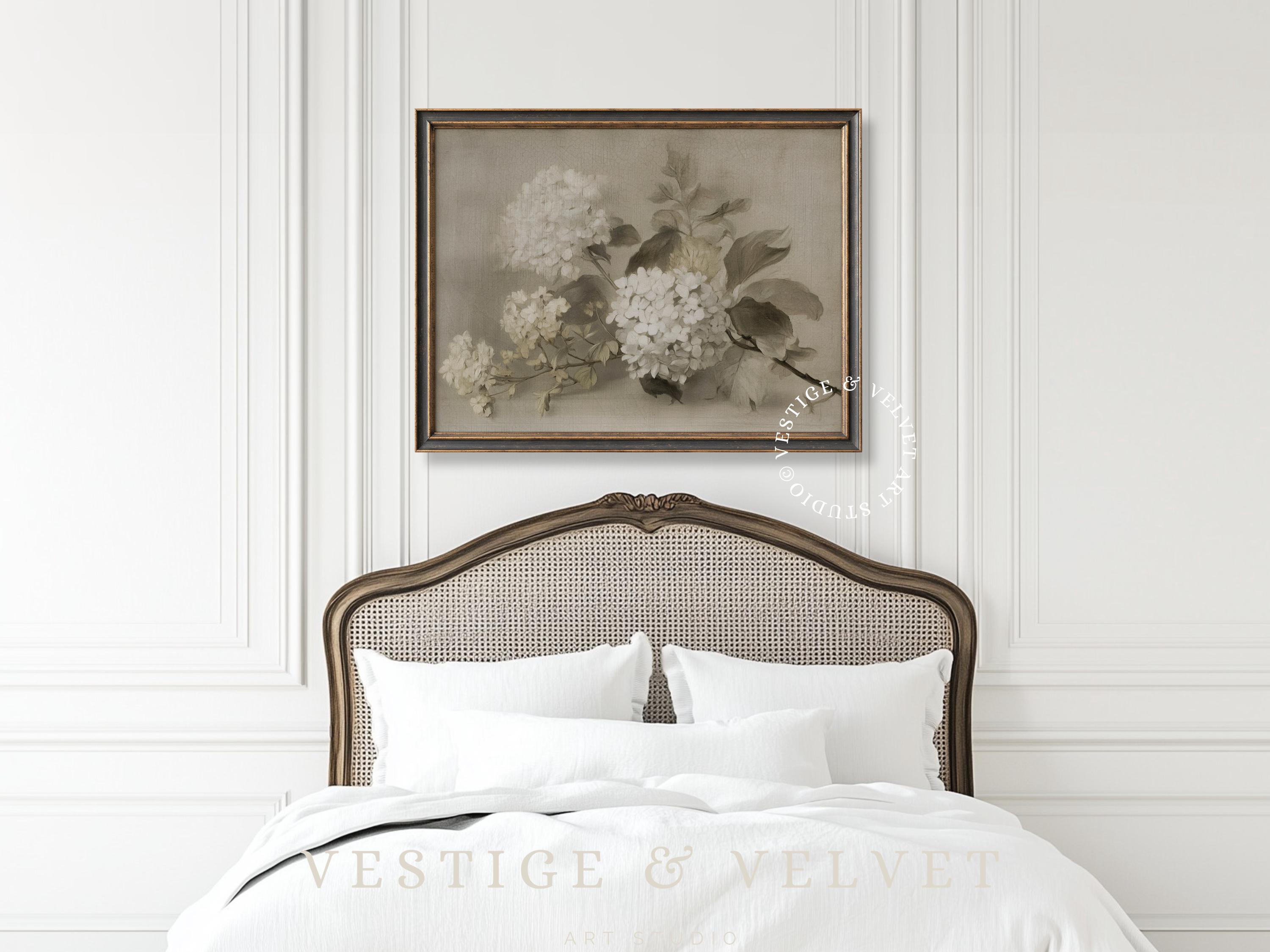 White Hydrangea Wall Art, Neutral Floral Print, Vintage Oil Painting ...