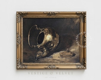 Vintage Brass Teapot Printable Decor | Moody Still Life Oil Painting | Antique Kitchen Wall Art | English Cottagecore (Digital download)