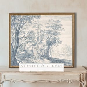 Arte para impressão em tecido chinoiserie azul | Decoração de parede com inspiração vintage | Estilo campestre francês | Arte de parede azul-claro acima da cama | Download digital