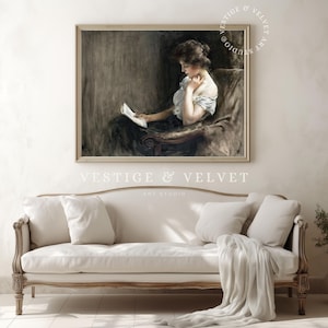 Vintage Frauen Kunstdruck | Cottagecore Wand Kunst zum Ausdrucken | Antikes Öl-Porträt | Buchliebhaber Geschenk | Klassische Wohnkultur