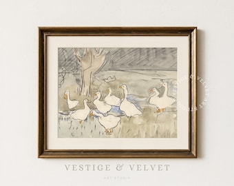 Vintage Duck Printable Art | Antique Geese Watercolor Painting | Farmhouse Nursery Wall Decor | Cottagecore Animal Art | Digital Download